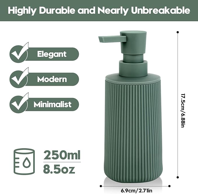 Small Soap Dispenser for Bathroom and Kitchen, Modern Farmhouse Striped Style Plastic Hand Soap Dish Soap Dispenser with Pump Matte Green