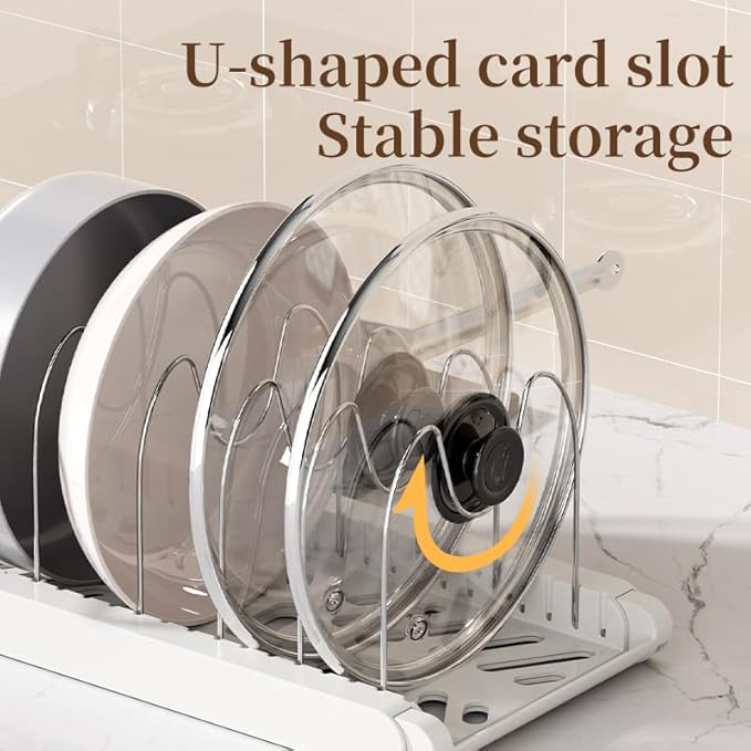 Expandable Pots and Pans Organizer Under Cabinet, 7 Stainless Steel Dividers, HIPS Base, 13-22 inch Heavy Duty Pan Rack with Lid Holder, Pot Organizer Inside Cabinet for Kitchen Storage