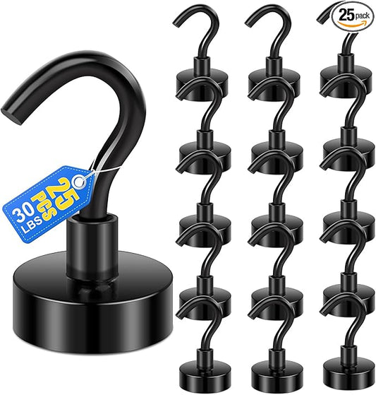 LOVIMAG 25Pcs Magnetic Hooks,Strong Neodymium Magnet Hooks for Cruise Essentials,Black Heavy Duty Magnets Hooks for Classroom Must Haves,Office Accessories,Garage Door,Fridge,Kitchen,Hanging,Grill