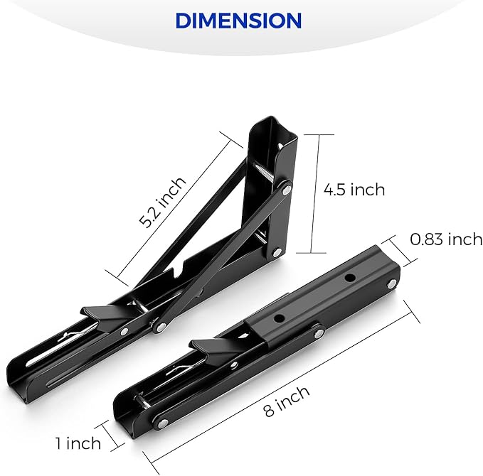 Ravinte 4 Pack 8 Inch Folding Shelf Brackets – Matte Black, Heavy Duty Collapsible Brackets for Tables and Benches – Space-Saving Design