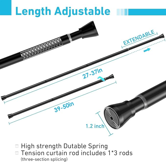 4pcs Tension Curtain Rod for Windows 27 to 50 Inch，Spring Tension Rods Black Curtain Rods Adjustable Spring Rod Extendable Tension Rod for Kitchen, Bathroom, Window, Bookshelf