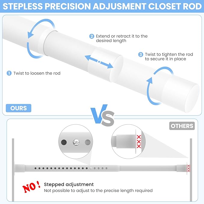 2 Pack Closet Rods for Hanging Clothes, 17 to 28 Inch Heavy Duty Stepless Adjustable Closet Hanging Rod, 1.3 Inch Diameter Metal Closet Rod for Wardrobes Laundry Bedroom RV, White
