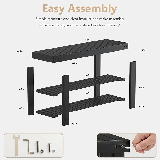 Sweetcrispy Shoe Rack Bench, 3-Tier Bamboo Entryway Storage Organizer, 286lb Capacity, Shoes Stand for FrontDoor Entrance, Bedroom, Living Room, Bathroom, Balcony, 35 Inches Length, Black