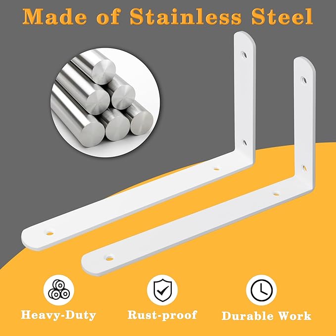 Alise Floating Shelf Brackets,White Bracket for Shelves Heavy Duty L Wall Bracket Corner Brace,Stainless Steel Joint Angle Brackets for Wooden Board Hanging Support,10x6x1.2 Inch Upgraded(Pack of 4)