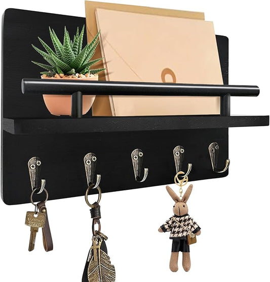 Key Holder Wall Mount, Decorative Key Rack with Shelf & 5 Sturdy Hooks, Rustic Key Hooks for Wall for Mail Organizer Hanging Dog Leash, Glasses, Wooden Key Hanger with Mounting Hardware