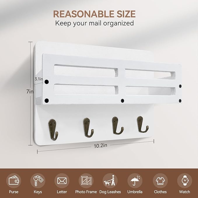 Key Holder Wall Mount Farmhouse Key Hooks for Wall with Mail Organizer Decorative Key Rack with 4 Sturdy Hooks for Dog Leash, Sunglasses, Rustic, Paulownia Key Hanger for Entryway