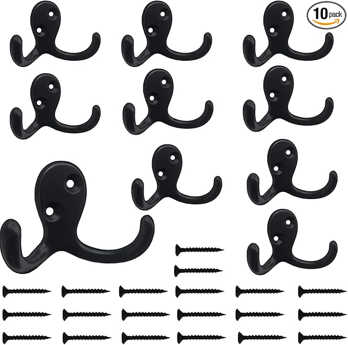 Kruodop 10 Pack Wall Hooks Wall Mounted Coat Hooks for Hanging Heavy Duty, Black Towel Hooks, Metal Double Coat Hanger with Screws Cup Retro for Coats, Handbags, Towels, Hat
