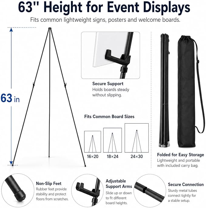 RRFTOK Easel Stand for Sign,63'' Instant Lightweight Portable Ground Easel for Wedding Sign and Poster Display Stand, Metal Tripod with Portable Bag,1-Pack.