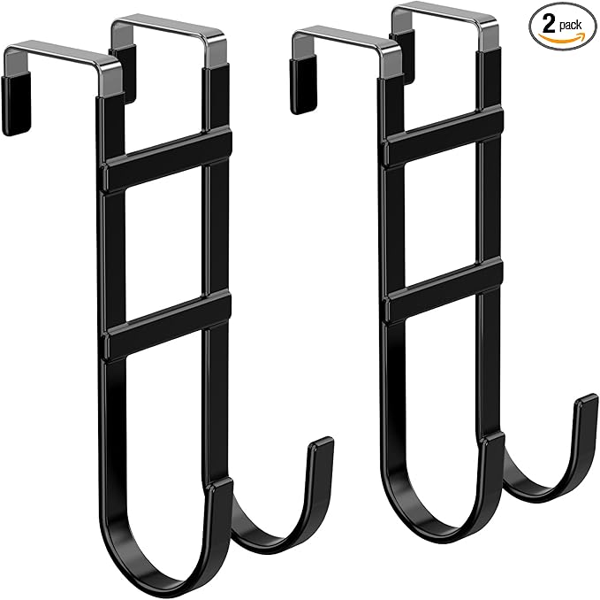 FYY Over The Door Hooks - 2 Pack Heavy Duty Double-Hanger Organizer for Bathroom Bedroom Dorm, Hanging Clothes Towels Hats Bags Ironing Board Wreath Robe - Fits Interior Doors Up to 1.6” Black