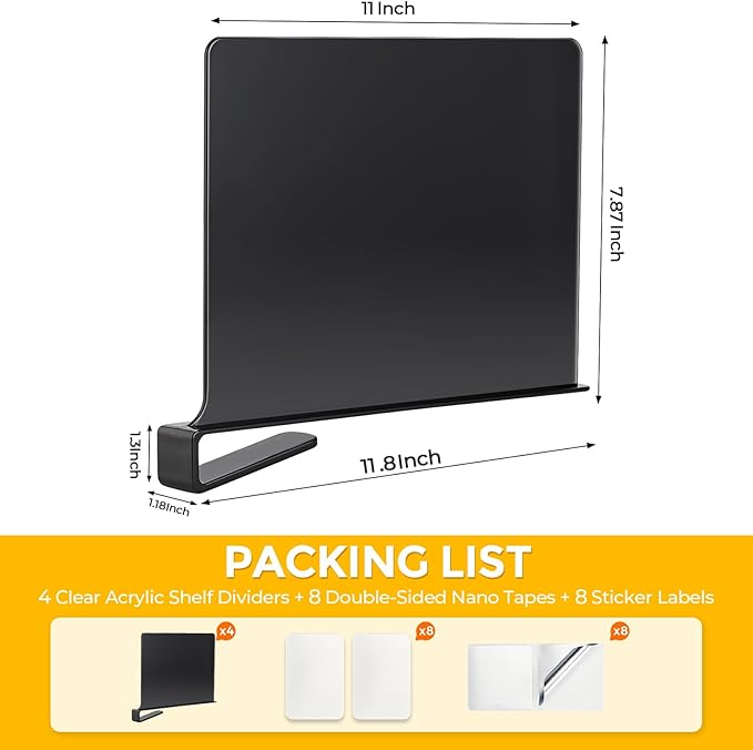 JOY DECOR 2 Pack Acrylic Matte Black Shelf Dividers for Closets Organizer and Storage Adjustable Vertical Wood Shelf Closet Separators for Clothes,Book,Bags in Bedroom and Kitchen