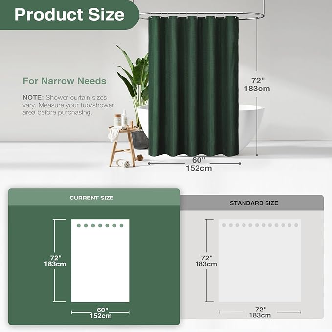 Dynamene 60 inch Stall Shower Curtain - Waffle Weave Heavy Duty Thick Fabric Shower Curtains for Bathroom,Weighted Hotel Spa Luxury Cloth Bath Curtain Set with 10 Plastic Hooks,60x72, Dark Green