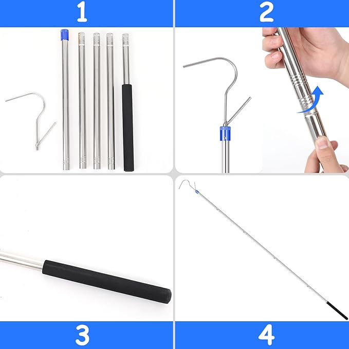 Clothes Hook Pole, Clothes Hanger Reaching Hook for Hanging Clothes Light and Plants Extendable from 29" to 74" Made of Stainless Steel Tube with Sponge Handle (with Two Hooks)