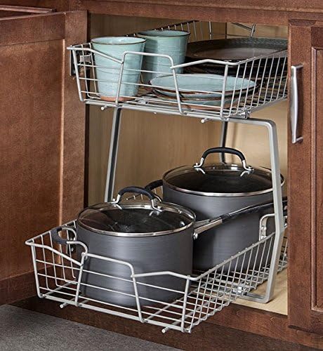 ClosetMaid 14 in. Pull Out Cabinet Organizer, 2 Tier, Heavy Duty, Slide Out Pantry Shelves Drawers for Kitchen, Bathroom, Nickel