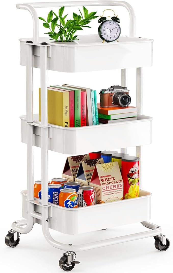 Pipishell 3 Tier Rolling Cart, Metal Utility Cart with Wheels and Handle, Rolling Storage Cart for Nursery Room, Living Room, Painting Room, Office and Kitchen, White
