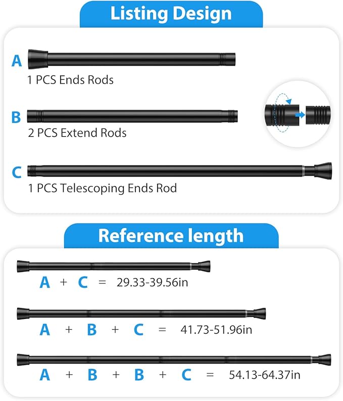 Spring Tension Curtain Rod 30 to 64 Inch, Adjustable Curtain Rods No Drilling Spring Loaded Curtain Rods for Windows Doors Kitchen Closet, Black