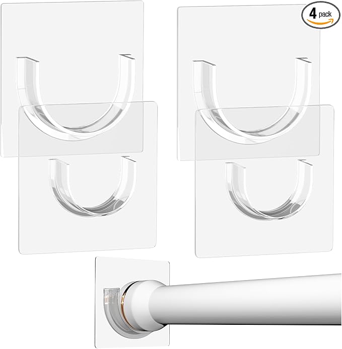 Shower Rod Holder with Strong Adhesive, 4 Pack Shower Curtain Rod Holder for Wall, Tension Curtain Rod Bracket No Drilling, Transparent (Rod not Included)
