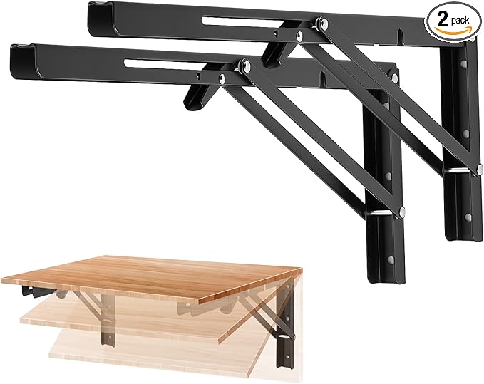 Ravinte 2 Pack 18 Inch Folding Shelf Brackets – Matte Black, Heavy Duty Collapsible Brackets for Tables and Benches – Space-Saving Design