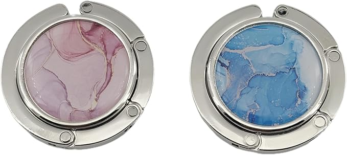 2 Pack Foldable Purse Hook Folding Women's Handbag Hangers Hooks for Desk Table Bag Holder Marble Mixed Color (Blue & Pink)