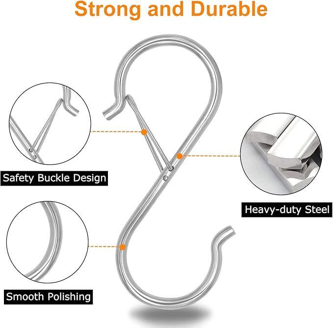 Waitkey 16 Pack S Hooks for Hanging, 3.5 inch Heavy Duty Metal S Hooks with Safety Buckle S Shaped Hooks Pot Rack Closet Hooks for Hanging Plants, Clothes, Kitchen Utensil, Pots, Pans, Bags (Silver)