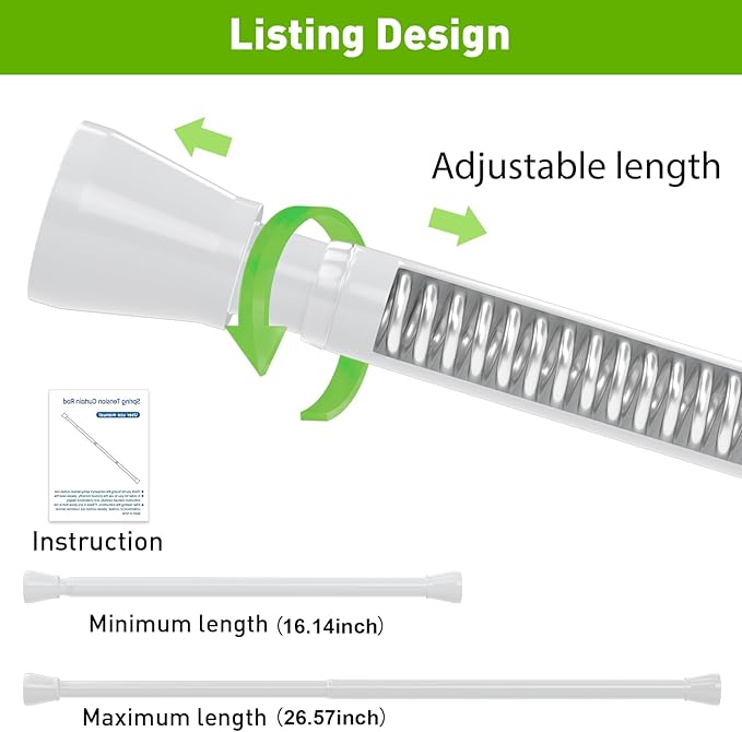 Tension Curtain Rod 2Pack Tension Rods 16 to 26 inch Adjustable Curtain Rod Small Expandable Spring Curtain Rod Pressure Rods For Closet, Door, Kitchen