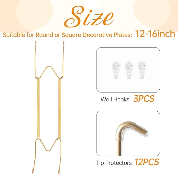 Bilillo 3 Pack Plate Hangers for The Wall, Suitable for 12-16 inch Art Plate, Stainless Steel Invisible Heavy Duty Wire Plate Holder with Wall Hooks, Plate Hangers for Displaying Plates