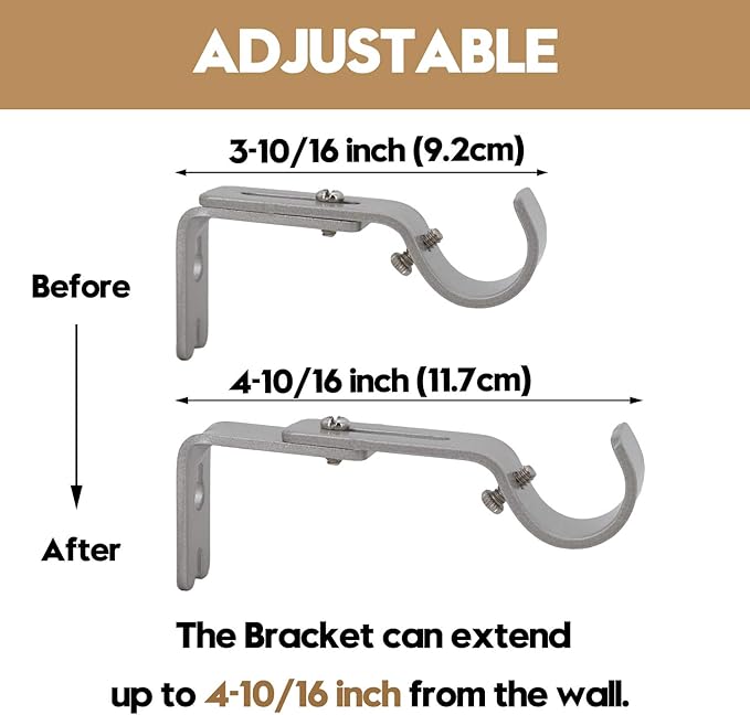 AddGrace Adjustable Curtain Rod Bracket Fits up to 1 inch Curtain Rod Sturdy Premium Brackets for Wall Set of 2 Silver
