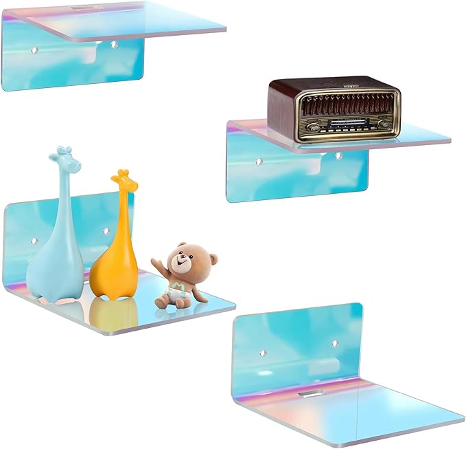 4 Pack Iridescent Small Wall Shelf, 4'' Acrylic Shelves Display Ledges for Storage & Decoration, Small Floating Shelf for Wall with 2 Types of Installation (Adhesive or Screw)