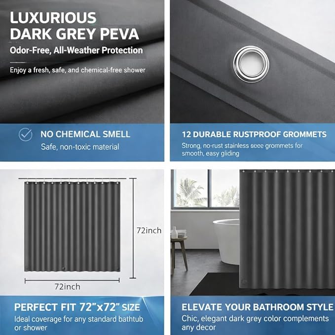 EHZNZIE Dark Grey Shower Curtain Liner 72x72, PEVA Waterproof Bath Curtain, No Chemical Smell, 3 Weighted Magnets, Durable with Rustproof Metal Grommets