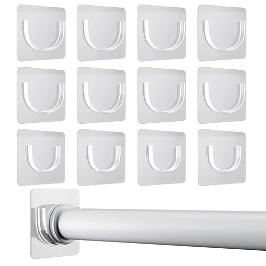 12 Pack Shower Rod Holder with Strong Adhesive, Shower Curtain Rod Holder No Drilling, Shower Bar Holder,Tension Curtain Rod Bracket