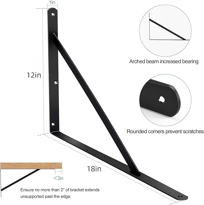 2 Pack L18 x H 12" Black Heavy Duty Shelf Brackets with Screws Metal Shelf Brackets Shelf Support Angle Brackets for Shelves L Brackets Heavy Duty Floating Shelf