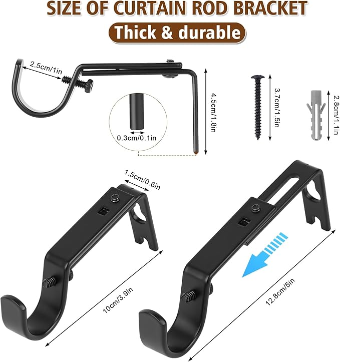 Heavy Duty Curtain Rod Brackets, Adjustable Wall Mount Iron Rod Holders for 1 Inch Rods, Window Treatment Hardware Kit with Screws & Anchors (3PCS)