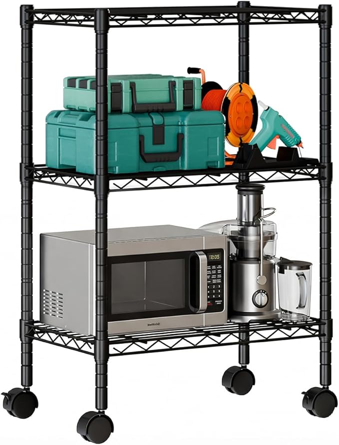 DUMOS 3-Tier Metal Wire Storage Shelves, Adjustable Standing Storage Rack Shelf with Wheels, Heavy Duty Steel Shelving Unit Organizers for Kitchen Bathroom Pantry Garage, 23.1"W×13.4"D×30.2"H, Black