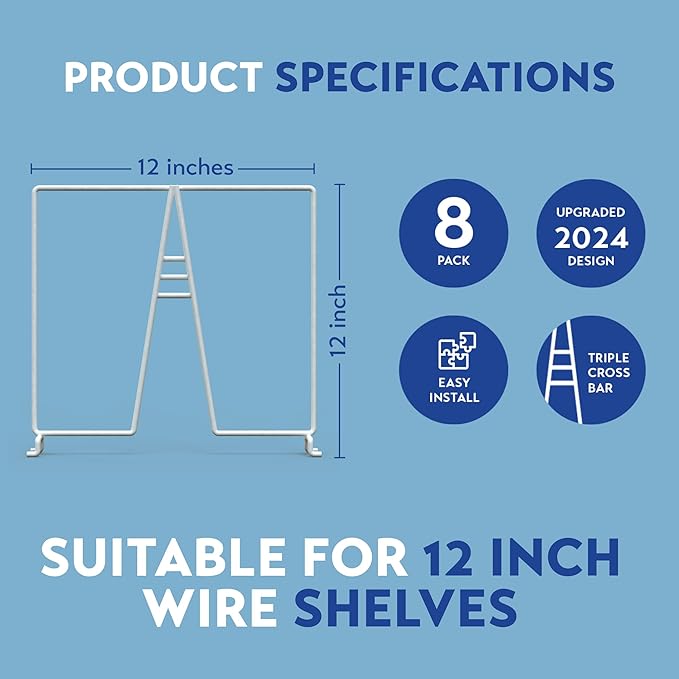 Tall White Wire Shelf Dividers for Closet Organization – Sturdy and Easy Set-Up Closet Shelf Dividers with Bonus Rose Gold Hanger (8, 12" x 12" Standard)