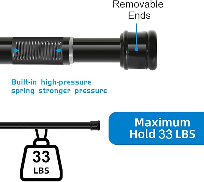 No Sectional Assembly Shower Curtain Rod 42-78 Inch, 1" Diameter Spring Long Adjustable Tension Curtain Rods for Bathroom Windows Closet No Drilling No Rust, Black