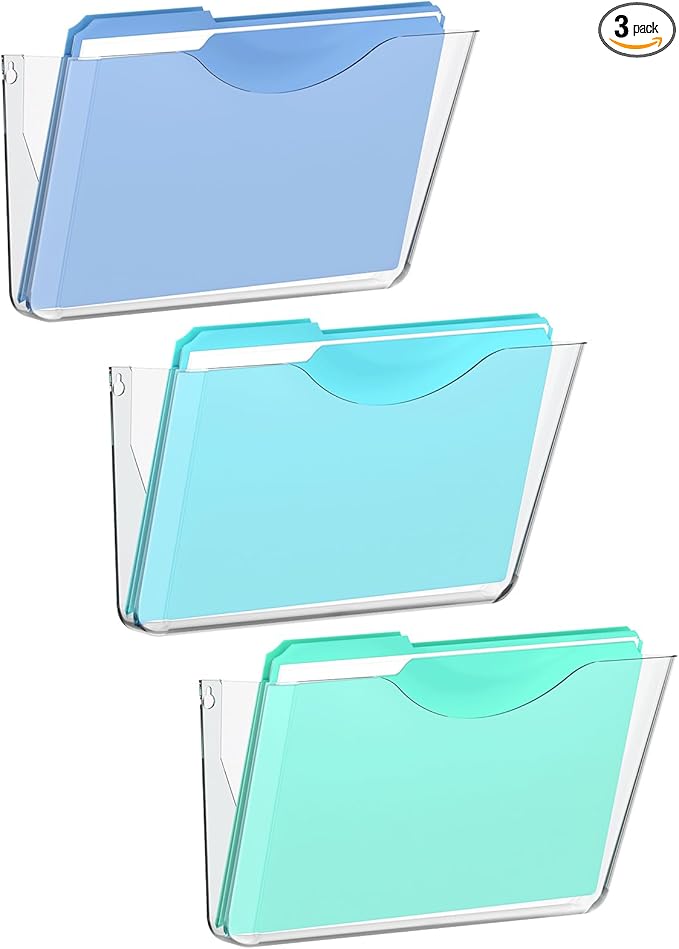 SUPEASY Clear Acrylic Wall File Organizer, One-Piece Wall Mount File Holder for Mail Magazines Letter Size Folders, Single Pocket for Office, Home or Classroom, 3 Pack Screws Not Included