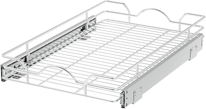OCG Pull Out Cabinet Organizer 2 Pack (12" W x 21" D), Pull out Shelves 1 Tier, Cabinet Slide Out Shelves for Base Cabinet Organization in Kitchen Bathroom Pantry, Bottom Mount, Chrome Finish