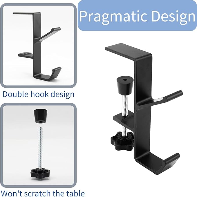 YUANQIAN Clamp-On Under Desk Headphone Holder Backpack Hook Students' Desk Hook with Adjustable Arm Clamp Women's Bag Handbag and Purse Holder -Suitable for Plate Between 1-5cm (3Pack Black, 3)