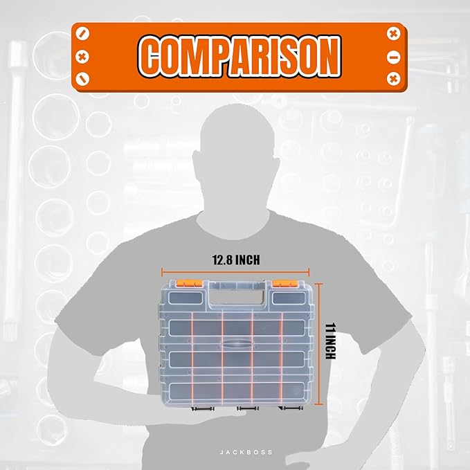 Jack Boss Tool Box with Transparent Lid, Double Side 34-Compartments Organizer Box with Removable Dividers for Hardware, Screws, Bolts, Nails, Beads, Jewelry and Fishing Accessories, Orange, 1 Pack