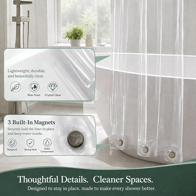 EHZNZIE White Shower Curtain Liner 72x84, PEVA Waterproof Bath Curtain, No Chemical Smell, 3 Weighted Magnets, Durable with Rustproof Metal Grommets