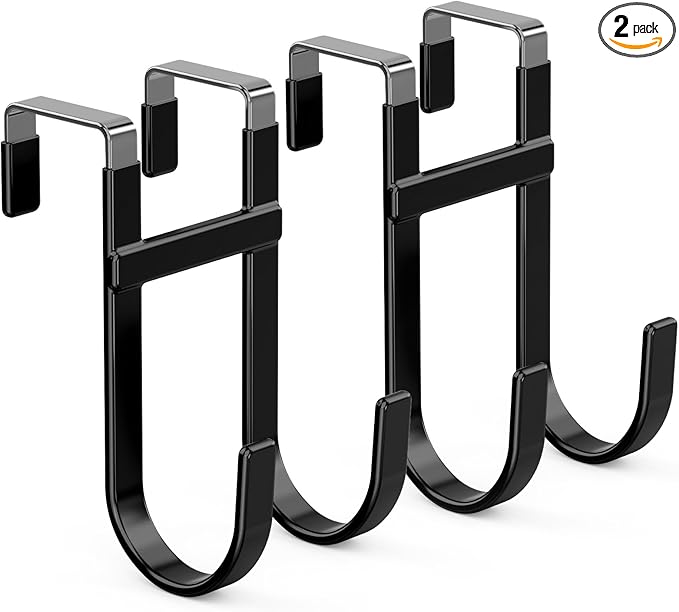FYY Over The Door Hooks - 2 Pack Heavy Duty Double-Hanger Organizer for Bathroom Bedroom Dorm, Hanging Clothes Towels Hats Bags Ironing Board Wreath Robe - Fits Interior Doors Up to 1 3/8" Black