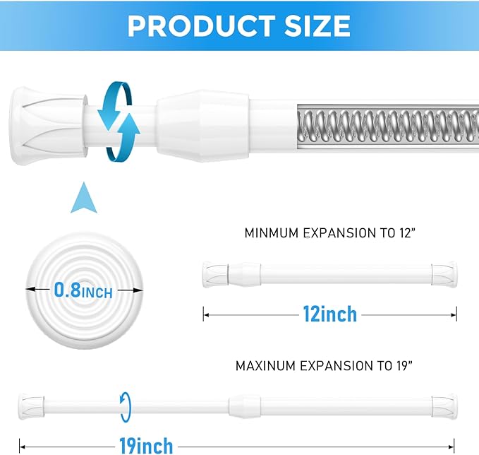 4 Pack Small Tension Rod 12 to 19 Inch Adjustable Tension Curtain Rod Mini Closet Spring Rod No Drilling Short Tension Rods for Windows, Cupboard, Kitchen Cabinets, White