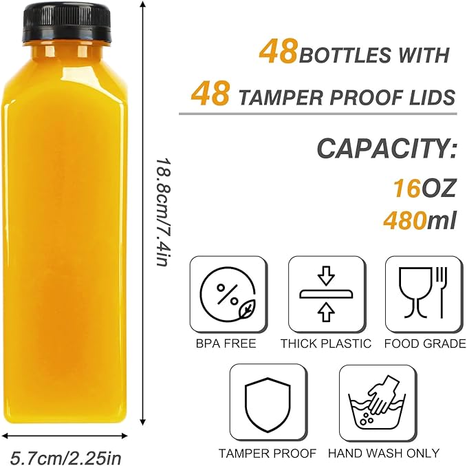 TOMNK 48pcs Juice Bottles, 16oz Reusable Plastic Juice Bottles with Caps and Labels, Funnel, Brush Beverage Containers for Juicing, Smoothies, Tea, Milk