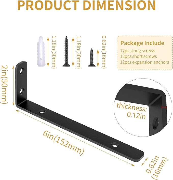 LSK 6PCS L Bracket, 6"×2"(150×50mm) Shelf Support Corner Bracket for Wooden Board, Max Load : 42lb, Black