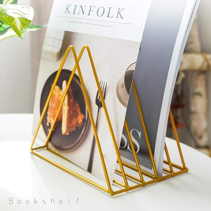 QPEY Triangle File Holder,5 Slot Metal Vinyl Record Stand Holder Magazine Newspaper Holder Photography Props for Office Home (2pc gold)