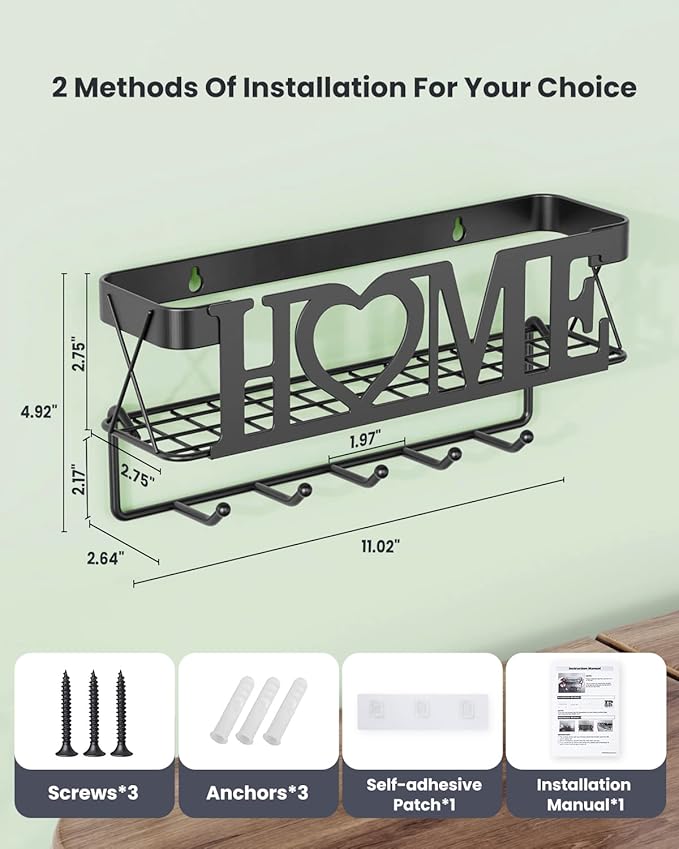Key Holder for Wall - Key Rack with 5 Key Hooks, 11.02" L×2.75" W×4.92" H, Key and Mail Organizer Wall Mount with Mesh Basket, Key Hanger for Wall, Entryway, Home Decor(Matte Black)