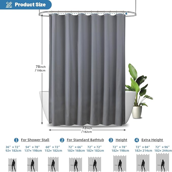 1 Pack Water-Repellent Fabric Shower Curtain Liner - Hotel Quality Machine Washable, 3 Heavy-Duty Magnets with Rustproof Grommets & Weighted Hem, Standard Size 72x78in Grey