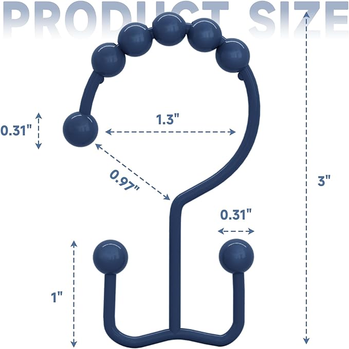 Titanker Shower Curtain Hooks Rings, Rust-Resistant Metal Double Glide Shower Hooks for Bathroom Shower Rods Curtains, Set of 12 Hooks - Navy Blue