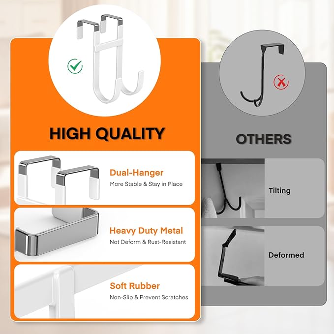 FYY Over The Door Hooks - 4 Pack Heavy Duty Double-Hanger Organizer for Bathroom Bedroom Dorm, Hanging Clothes Towels Hats Bags Ironing Board Wreath Robe - Fits Interior Doors Up to 1 3/8" White