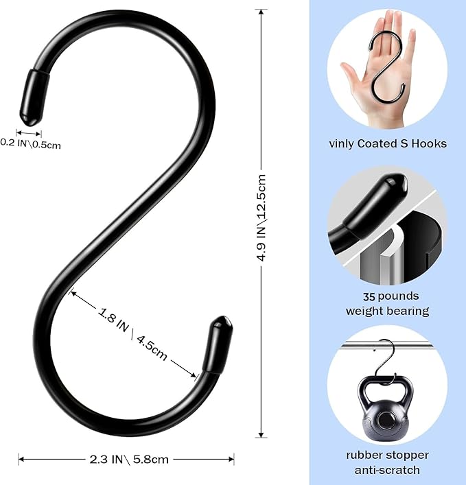 6 Pack Heavy Duty S Hooks for Hanging, Non Slip Vinyl Coated S Hook for Hanging Closet,Jeans, Pots, Mugs, Pans, Bird Feeders Kitchen and Large S Hook for Hanging Plants- 5 inch Length