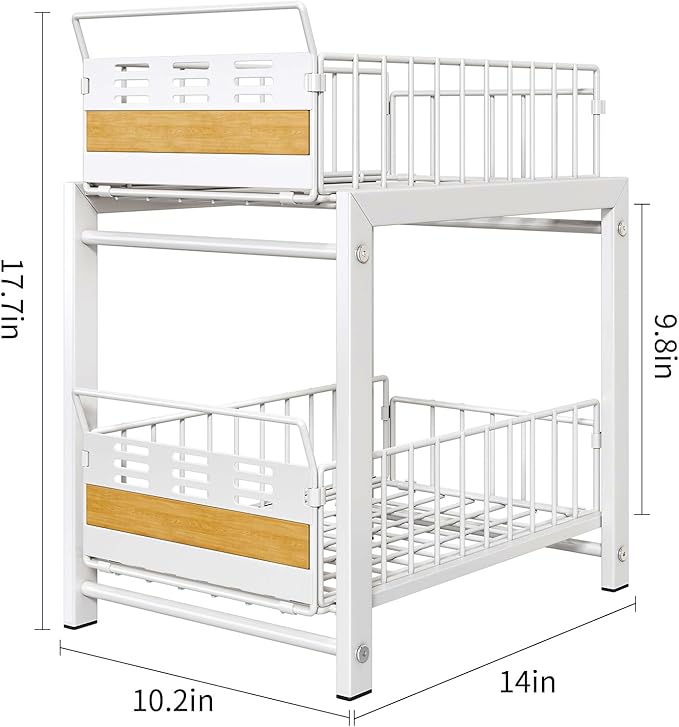 Under Sink Organizer, 2-Tier Pull Out Cabinet Organizer with Heavy-Duty Carbon Steel Sliding Shelves, Stackable Multi-Purpose Storage Rack for Kitchen Pantry Bathroom with Movable Dividers, White